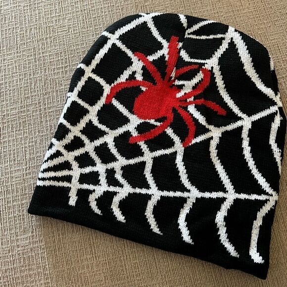 Red Spider and Spider Web Acrylic Knit Beanie Hat - Picture 3 of 4